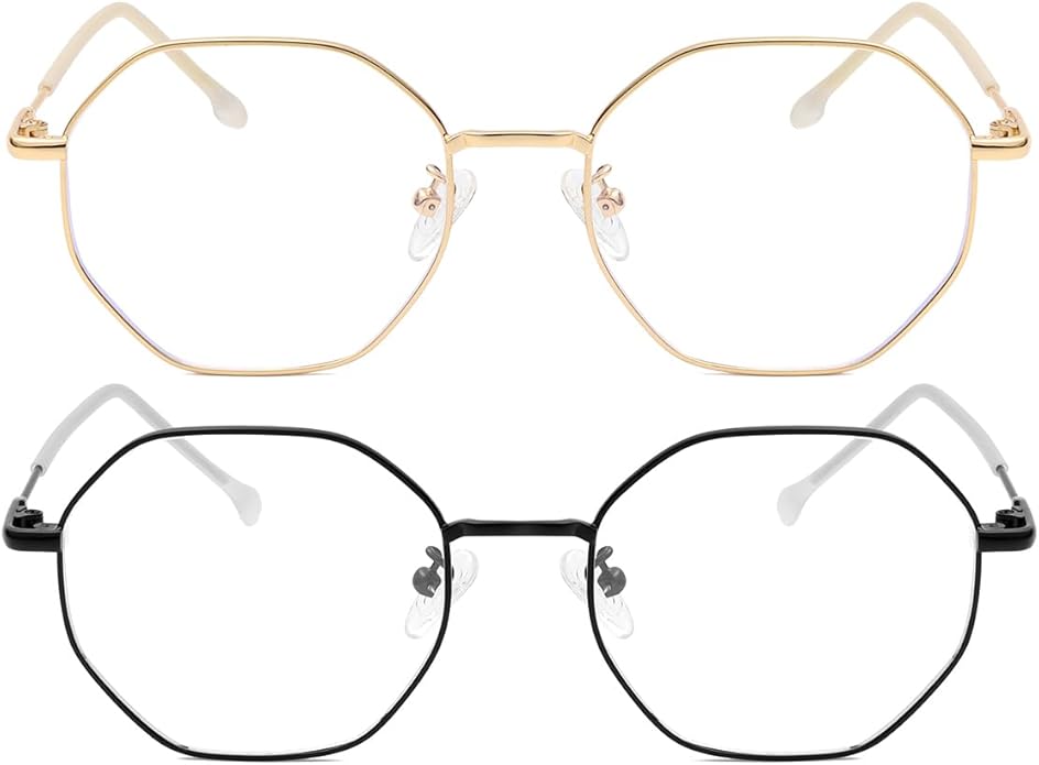 JOVAKIT Polygon Blue Light Blocking Glasses for Women Men Vintage Octagon Square Non-prescription Metal Eyeglasses