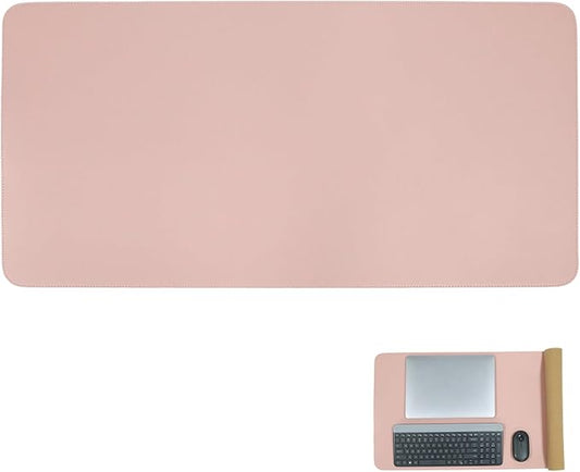 Double-Sided Keyboard Mouse Pad, 31.5"x15.7" PU Leather and Cork Desk Mat Large Overlocked-Edge Desk Pad with Matching Thread, Pink