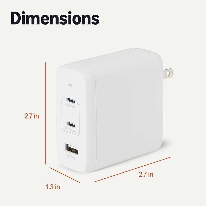 Amazon Basics Fast Charging USB C Nano GaN Wall Charger, 120W 3-Port for Laptops Tablets Phones, White