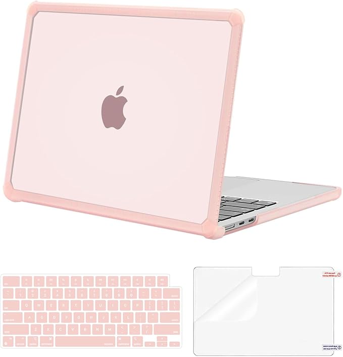 MOSISO Compatible with MacBook Air 13 inch Case M5 2026 M4 2025 M3 M2 2024-2022 A3449 A3240 A3113 A2681,3 in 1 Kit Crack-Resistant Heavy Duty Protective Plastic Hard Case with TPU Bumper, Pink