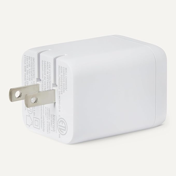 Amazon Basics Fast Charging USB C Nano GaN Wall Charger, 65W 2-Port for Laptops, Tablets, Phones, White