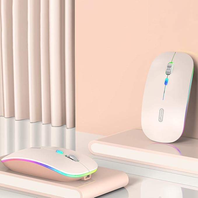 Uiosmuph LED Wireless Mouse, G12 Slim Rechargeable Silent Mouse, 2.4G Portable USB Optical Wireless Computer Mice with USB Receiver and Type C Adapter (Nude Pink)