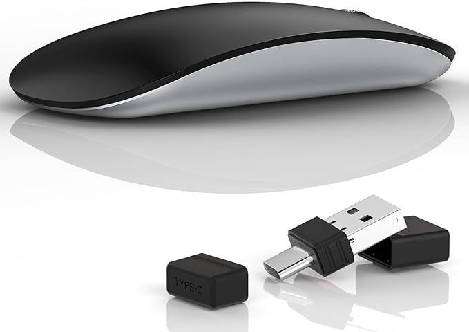 Uiosmuph G11 Wireless Mouse, USB C Rechargeable Computer Mouse, Slim Silent Mice 2.4GHz Optical with USB Nano Receiver and Type C Receiver for Laptop/Mac/PC-Matte Black