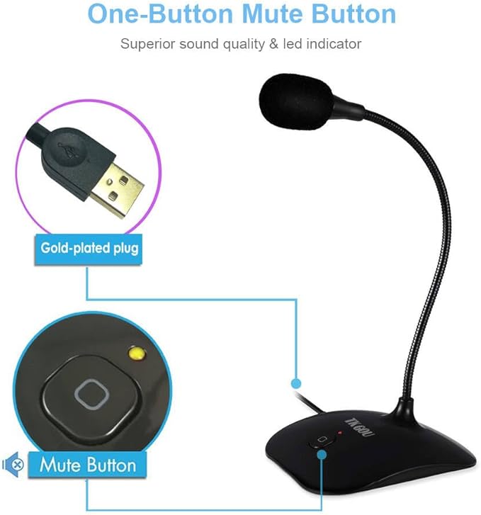USB Microphone, 360 Degree Adjustable Gooseneck Design, Mute Button & LED Indicator, Noise-Canceling Technology, Plug & Play, Compatible with Windows & MacOS