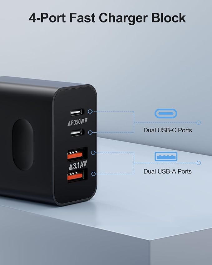 [4 Pack] USB C Charger Block, 40W 4-Port Type C Fast Charging Block Dual Port USB-C Power Adapter + Double Wall Plug Multiport USBC Brick for iPhone 16 15 14 13 12 11 Pro Max, Samsung Cube