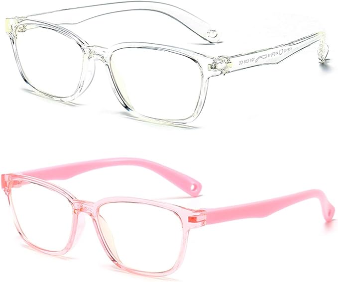 Kids Blue Light Blocking Glasses 2 Pack, Anti Eyestrain & UV Protection, Computer Gaming TV Phone Glasses for Boys Girls Age 3-9 (Clear+Transparent Pink)