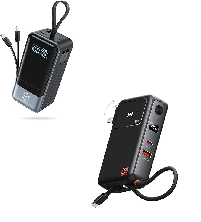 Selore&S-Global Portable Charger with Wall Plug & Power Bank with Dual Built-in Cable, 65W Fast Charging, for iPhone Laptop Samsung