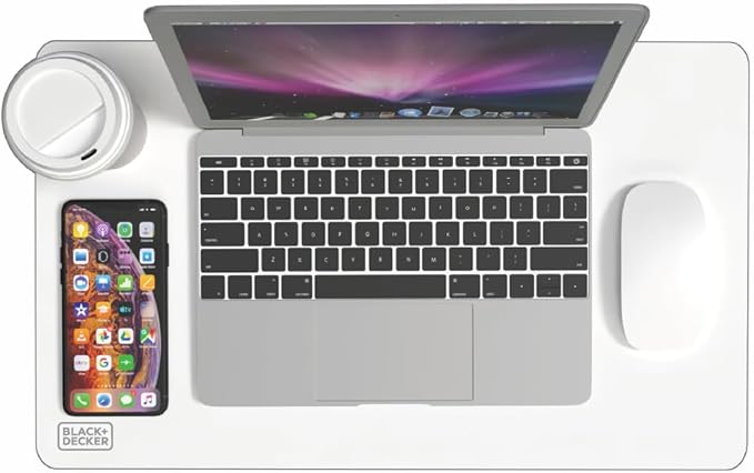 BLACK+DECKER Small Travel Desk Mat, Office Desk Pad, Computer Mat, Laptop Pad for Mobile Office, Computer Furniture Protector, Compact for Carry-On Bags, Ideal for Travel & Work (12"x 20"), White