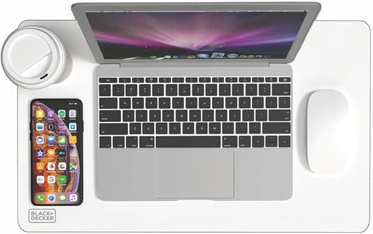 BLACK+DECKER Small Travel Desk Mat, Office Desk Pad, Computer Mat, Laptop Pad for Mobile Office, Computer Furniture Protector, Compact for Carry-On Bags, Ideal for Travel & Work (12"x 20"), White
