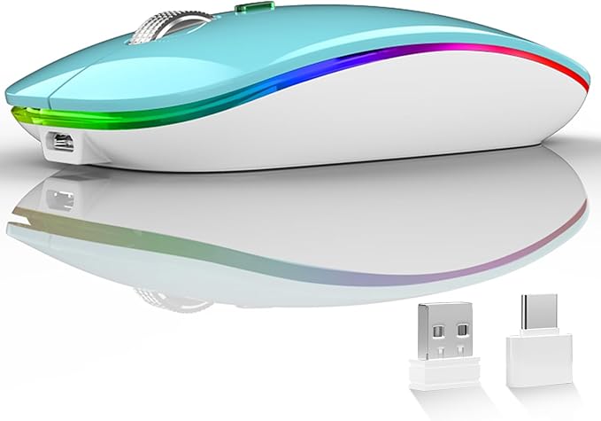 Uiosmuph LED Wireless Mouse, G12 Slim Rechargeable Silent Mouse, 2.4G Portable USB Optical Wireless Computer Mice with USB Receiver and Type C Adapter (Blue)