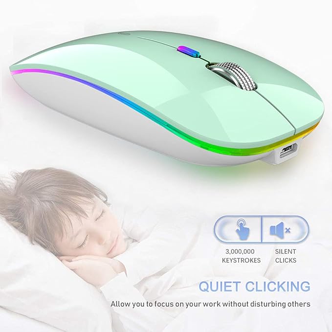 TENMOS Wireless Bluetooth Mouse, LED Slim Dual Mode (Bluetooth 5.1 + USB) 2.4GHz Rechargeable Silent Mint Green Mouse for Laptop/MacBook/iPad OS 13 and Above