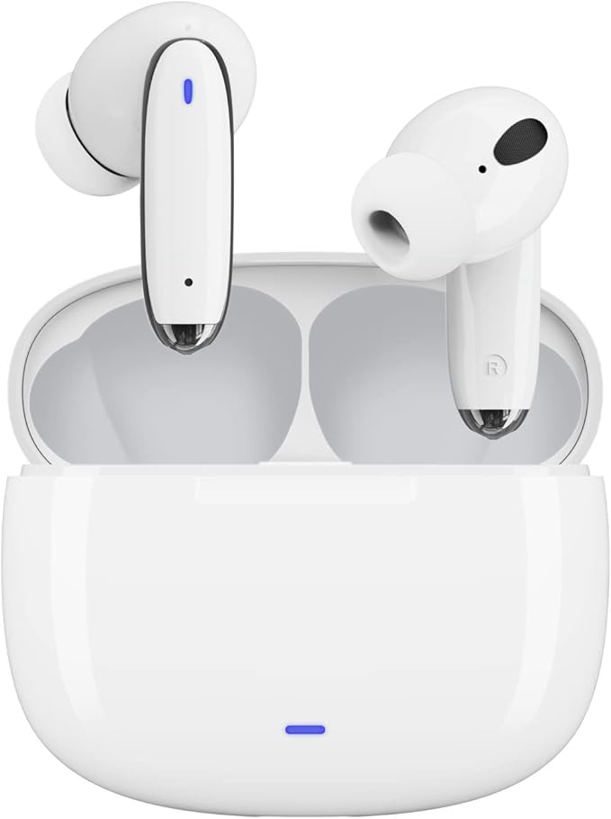 OMK Wireless Earbuds Waterproof Headset Noise Cancelling Earphones Long Battery Bluetooth Headphones with Wireless Charging Case for iPhone Android (White)