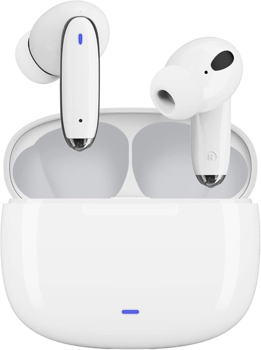 OMK Wireless Earbuds Waterproof Headset Noise Cancelling Earphones Long Battery Bluetooth Headphones with Wireless Charging Case for iPhone Android (White)