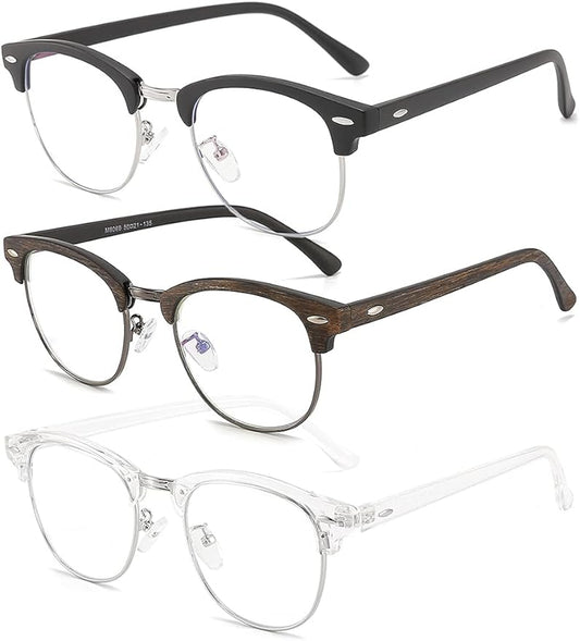 SOAR&EAGLE 3 Pack Blue Light Blocking Glasses,Computer Gaming Glasses,Retro Semi Rimless UV400 Clear Lens Computer Eyewear For Men/Women (Sand black silver/Wood grain gun/Crystal silver)