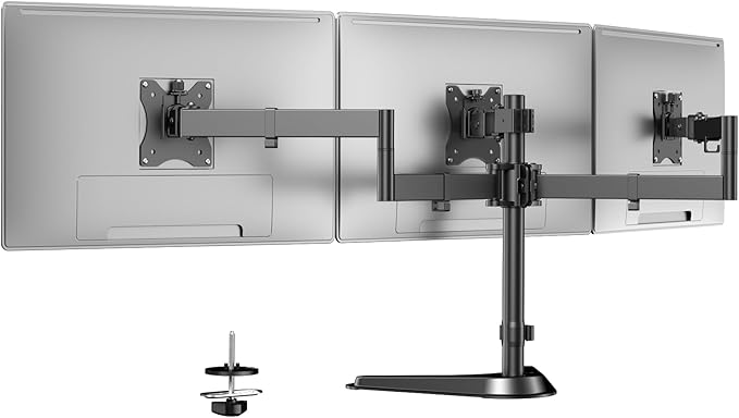 Triple Monitor Stand, Heavy Fully Adjustable Motion Mount Fits 3 Screens up to 27 inch, Free Standing Desk Stand with Base and Cable Management, 22 lbs Weight Capacity per Arm, Black