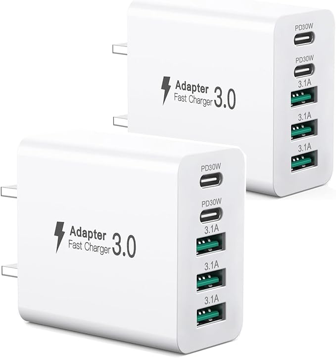 【2-Pack】 iPhone Fast USBC Charger, 80W USB C Wall Charger, Dual-30W Multiport Fast Charging Block, 5-Port Universal Plug Compatible with iPhone 17/16/15, Google Pixel 10Pro/10/9Pro/9a/8/7, iPad
