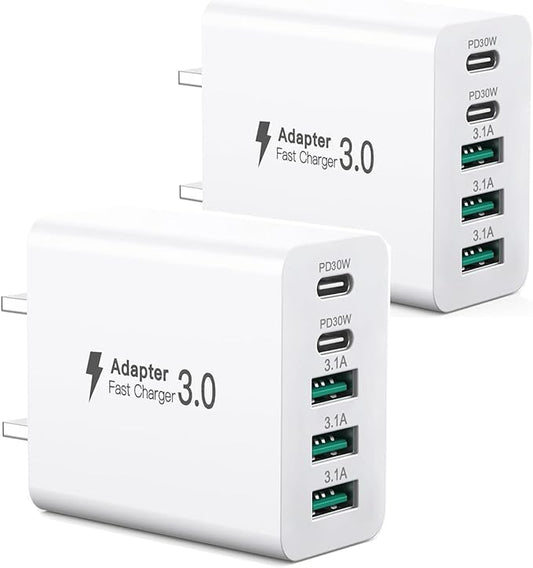 【2-Pack】 iPhone Fast USBC Charger, 80W USB C Wall Charger, Dual-30W Multiport Fast Charging Block, 5-Port Universal Plug Compatible with iPhone 17/16/15, Google Pixel 10Pro/10/9Pro/9a/8/7, iPad