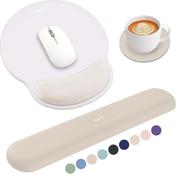 Sushret Mouse Pad and Keyboard Wrist Rest, 3-in-1 Gel Memory Foam Ergonomic Mouse Pad with Wrist Rest Set, Gaming Mousepad Arm Cushion Support for Computer Office Desk Accessories Cute Setup,Khaki