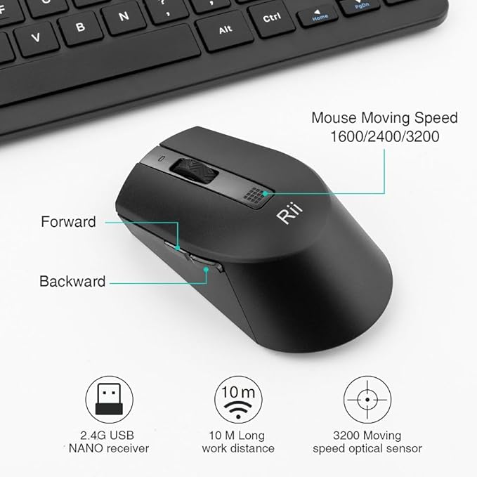 Rii RKM709 2.4 Gigahertz Ultra-Slim Wireless Keyboard and Mouse Combo, Multimedia Office Keyboard for PC, Laptop and Desktop,Business Office(Black)-New