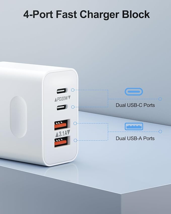 USB C Charger Block [4 Pack], 40W 4-Port Fast Charging Blocks USB C Wall Charger Dual Port PD + QC USB Wall Plug Multiport Brick Type C Block USBC Cube for iPhone 16 15 14 13 12 11 Pro Max, Samsung