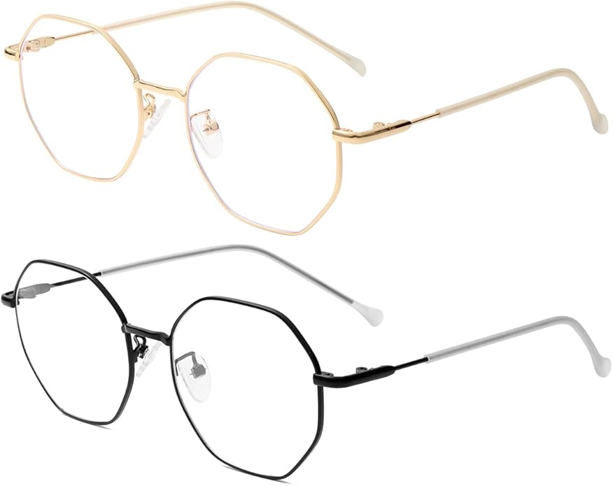 Polygon Blue Light Blocking Glasses for Women Men Retro Octagon Square Non-prescription Metal Frame Eyeglasses