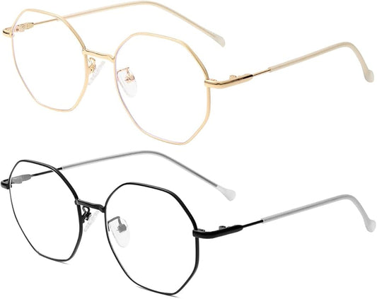 Polygon Blue Light Blocking Glasses for Women Men Retro Octagon Square Non-prescription Metal Frame Eyeglasses