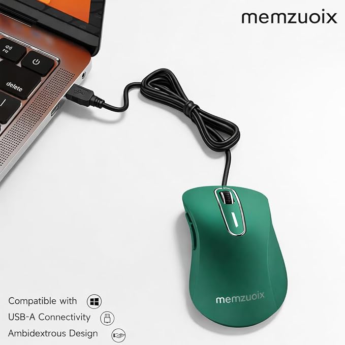 memzuoix Wired Mouse, USB Computer Mouse 1400 DPI Mobile Optical Mouse Ergonomic Design Computer Mice with 5FT Cord for Laptop, PC, Desktop, MacBook, 5 Buttons (Dark Green)