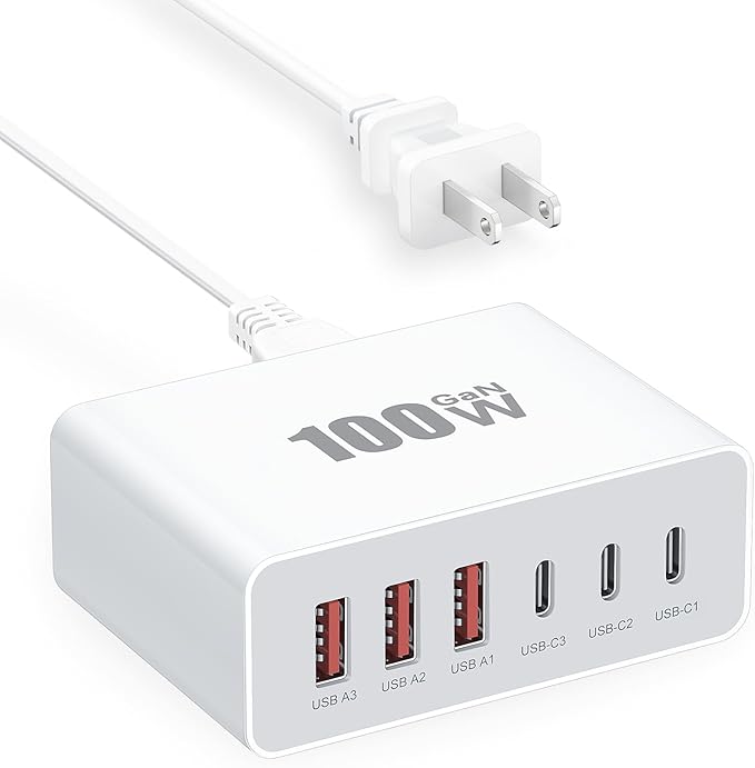 USB C Charger Block, 100W GaN Fast Charging Blocks USBC Charger 6 Port Charging Station Hub Brick Cube, USB-C Wall Charger Type C Adapter Plug for iPhone 16 15 14 13 12 11 Pro Max, Samsung, 5FT Cord