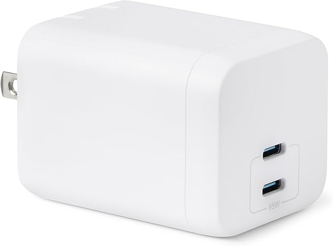 Amazon Basics Fast Charging USB C Nano GaN Wall Charger, 65W 2-Port for Laptops, Tablets, Phones, White