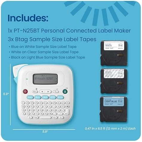 Brother P-Touch -N25BTV3 Personal Connected Label Maker, Bluetooth (Bundle), Design&Print2 app, Portable, Handheld, 3 Sample Label Tapes Included, Prints with Btag½â€ (12mm) Wide Tapes