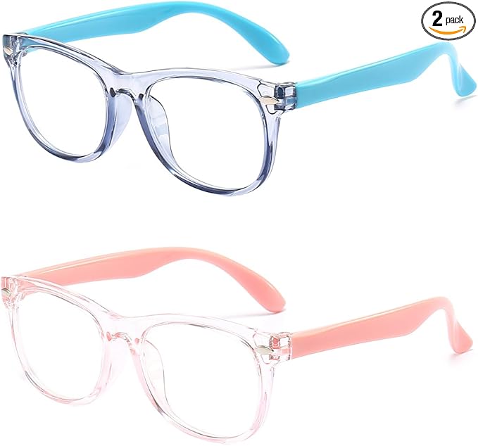 FANNYGO 2 Pack kids Blue Light Blocking Glasses For Girls And Boys Computer Blue Light Blocking Glasses For Age 3-11 (Light blue + Light pink)