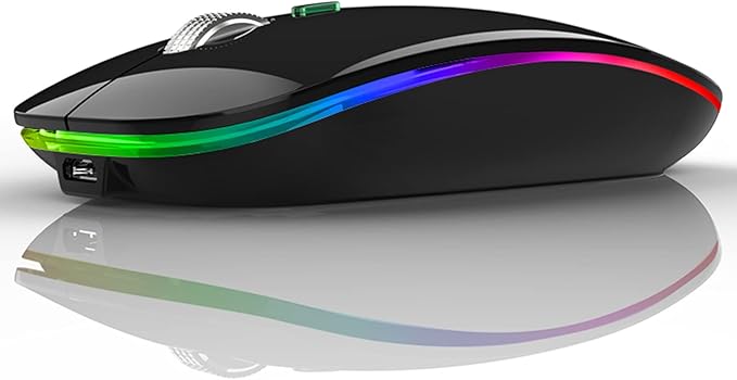 Uiosmuph LED Wireless Mouse, G12 Slim Rechargeable Silent Mouse, 2.4G Portable USB Optical Wireless Computer Mice with USB Receiver and Type C Adapter (Black)
