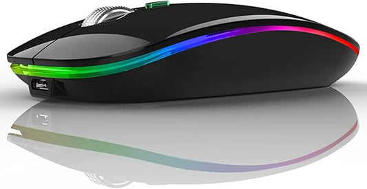 Uiosmuph LED Wireless Mouse, G12 Slim Rechargeable Silent Mouse, 2.4G Portable USB Optical Wireless Computer Mice with USB Receiver and Type C Adapter (Black)