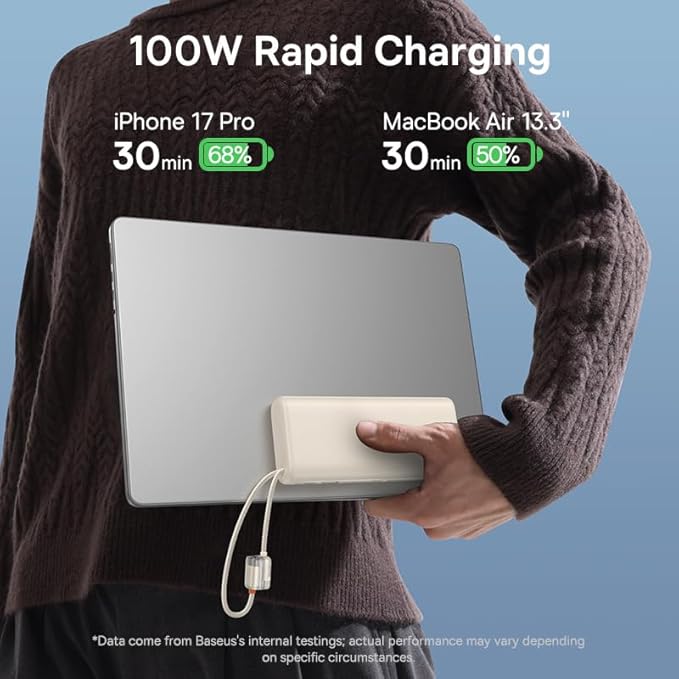 Baseus Portable Charger with Built in Cable, 100W Laptop Power Bank 20000mAh Bundle with Enercore CJ11 Retractable USB C Charger, 67W 3 in 1 Fast Charging Block with Foldable Plug