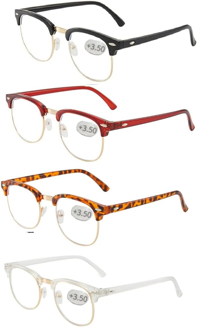 Half frame Retro Semi Rimless Clear Lens Glasses Blue Blocking Eyewear Men Women (4 Pack Reading 3.5 X)