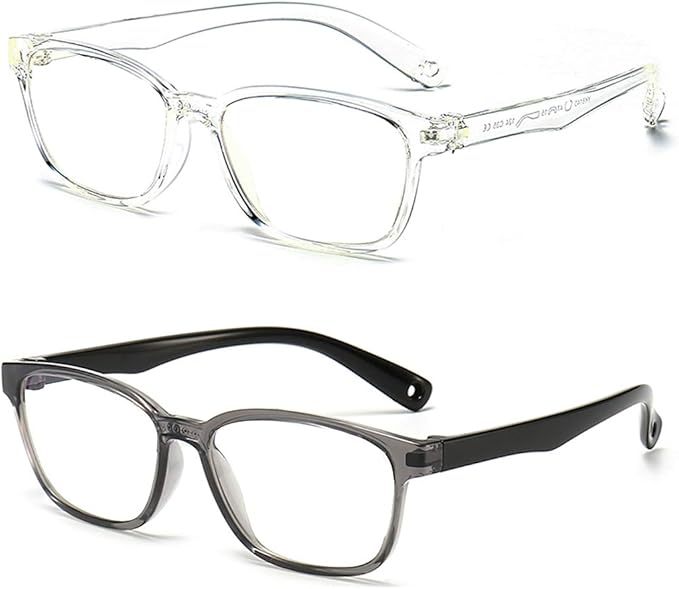 Kids Blue Light Blocking Glasses 2 Pack, Anti Eyestrain & UV Protection, Computer Gaming TV Phone Glasses for Boys Girls Age 3-9 (Clear+ Transparent Black)