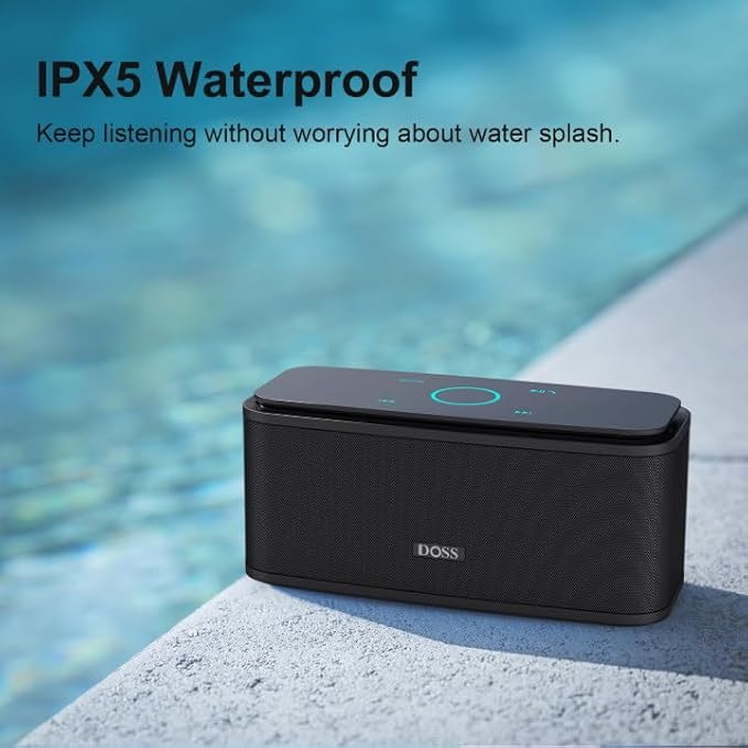 DOSS SoundBox Touch Wireless Bluetooth Speaker-12W HD Sound with Rich Bass, IPX5 Waterproof, 20H Playtime, Handsfree, for Gatherings, Home, Office, Outdoor, Travel-Black