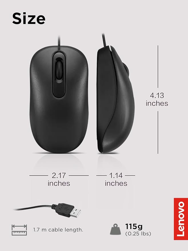 Lenovo 100 Wired USB Computer Mouse for PC, Laptop, Computer with Windows - Full-Size - Ambidextrous Design - 3 Buttons - Red Optical Sensor ?€? Black