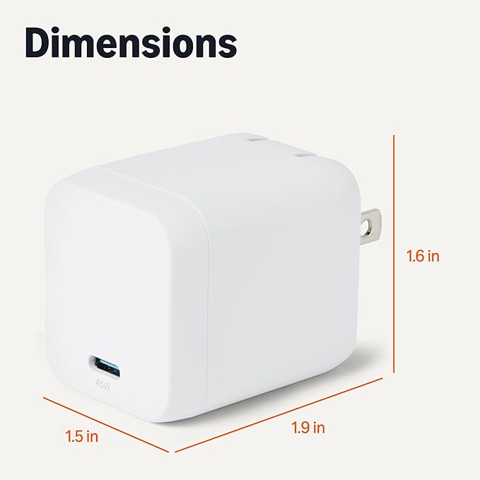 Amazon Basics Fast Charging USB C Nano GaN Wall Charger, 65W 1-Port PD 3.1 for Laptops Tablets Phones, White