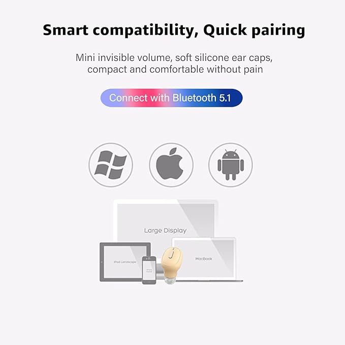 Single Bluetooth Wireless Earbud, Mini Invisible in-Ear Wireless Bluetooth Headphone 12 Hours Super Long Battery Life Suitable for Sports Work and Sleep- Beige