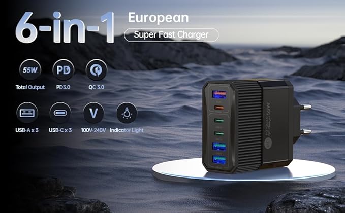USB C Fast Charger 55W 6-Port Type C Wall Charger Block 55W USB-C Charging Station Power Adapter PD 25W QC3.0 Portable Type C Charging Block Cube for iPhones 15 14 12 Pro Max Pixel Note Galaxy Xiaomi