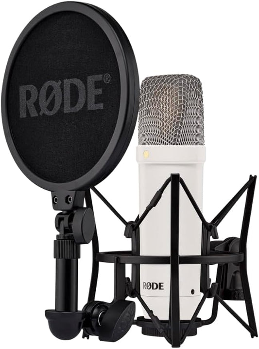 RØDE NT1 Signature Series Large-Diaphragm Condenser Microphone with Shock Mount, Pop Filter and XLR Cable for Music Production, Vocal Recording, Streaming and Podcasting (White)