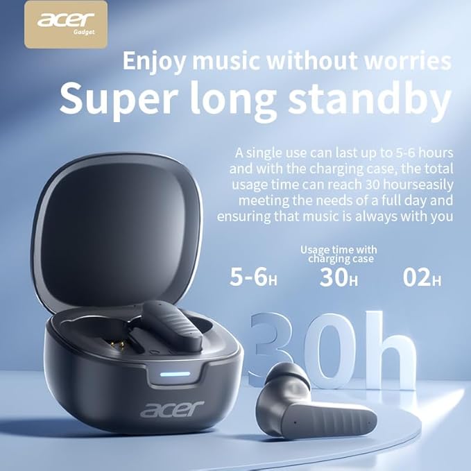 acer Wireless Earbuds Bluetooth Headphones, Hi-Fi Stereo Sound, Long Battery Life, Noise Cancelling with Charging Case for Sports & Working, Stereo Sound Headphones for iPhone/Android/iPad