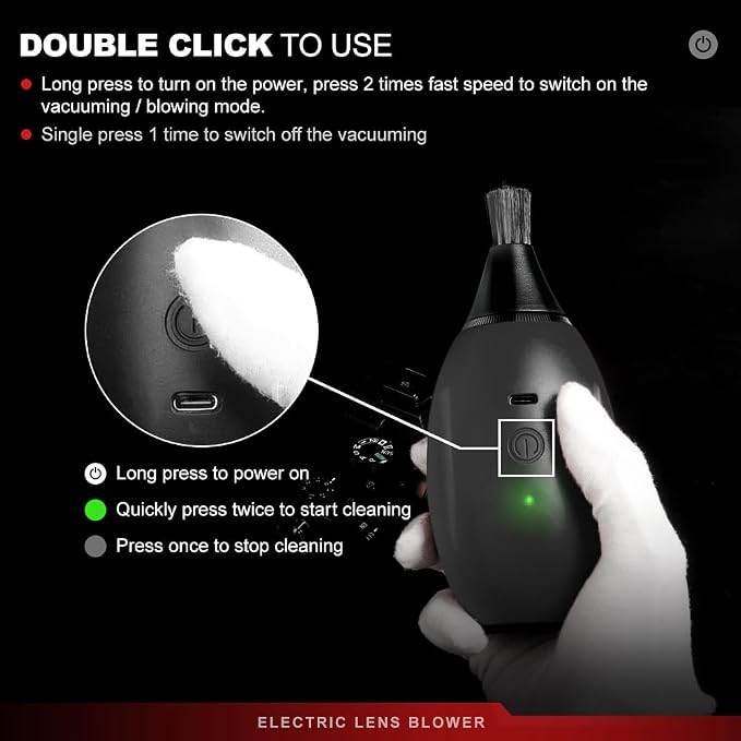 LENSGO Electric Air Blow,Camera Cleaning Kits with 4 Cleaning Heads for CMOS/Regular/Crevice Clean and Brush, 4.0kPa Dust Removal Type C Charge (Black) - Image 4