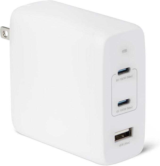 Amazon Basics Fast Charging USB C Nano GaN Wall Charger, 120W 3-Port for Laptops Tablets Phones, White