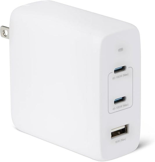 Amazon Basics Fast Charging USB C Nano GaN Wall Charger, 120W 3-Port for Laptops Tablets Phones, White