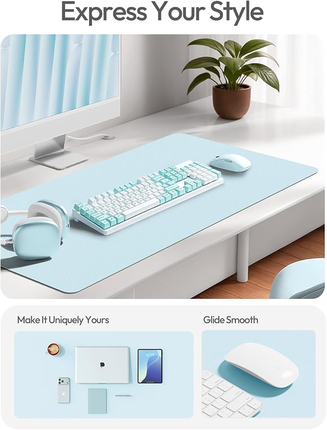 YSAGi Leather Desk Protector, Office Mat, Large Mouse Mat, Non-Slip PU Leather Blotter, Laptop Pad, Waterproof Writing Pad for Office and Home (Baby Blue, 47" x 17")