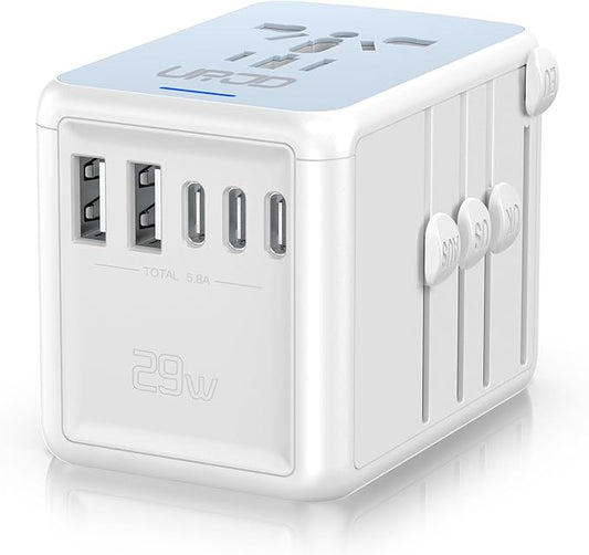 Universal Travel Adapter, 30W 5 USB C/A Ports, 2500W AC Outlet, International Power Adapter for All USB Devices, Multi Plugs 110V 220V A/C, European Travel Plug Adapter for 200+ Countries (White)