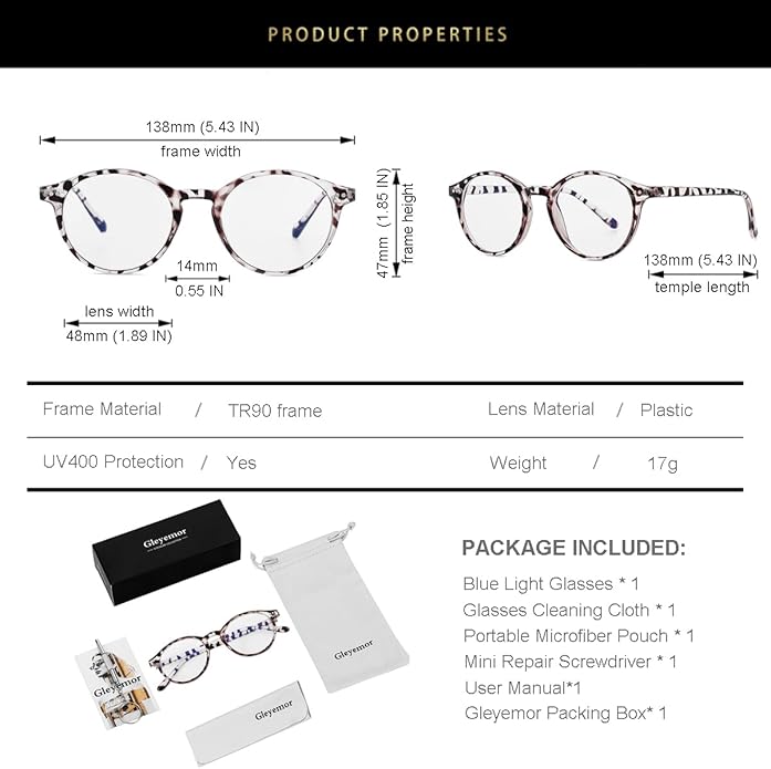 Gleyemor Blue Light Glasses for Men Women, Vintage Round Frame Computer Eyeglasses