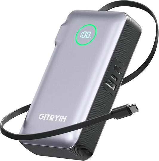 Portable Charger with Built in 25.6in Retractable Cable and Wall Plug, 10000mAh USB C Travel Power Bank, 35W Fast Charging Battery Pack Compatible with iPhone 16 15 14 13 Samsung Android Phone etc